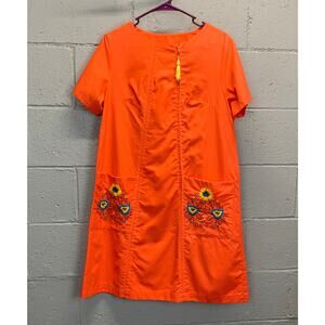Vintage 1960s Coral Dayglo Shift Dress with Embroidered Floral Pockets